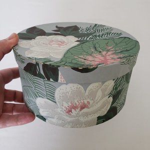 Small Vintage Wallpaper Covered Hat Band Box-1940s/50s Tropical Print-7.75" Diam